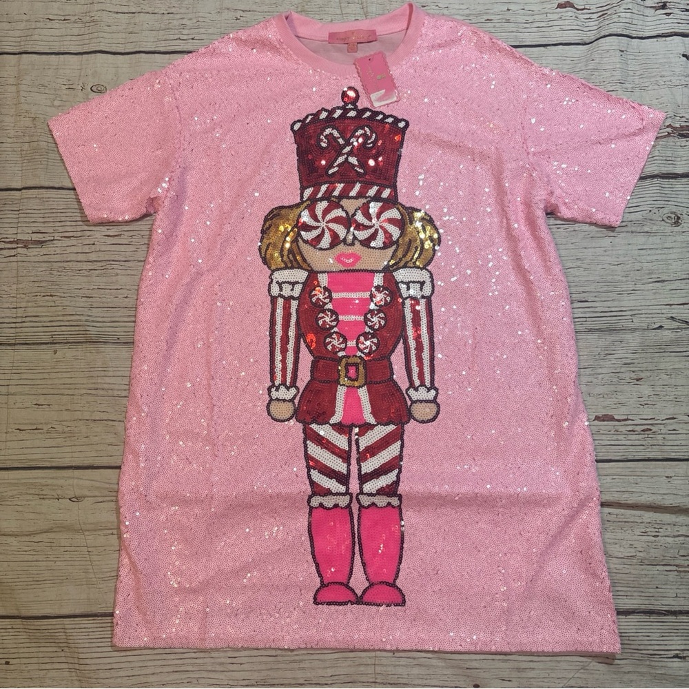 Simply Southern Women's Dress Sequin Nutcracker T-Shirt Soft Pink NEW Sz S